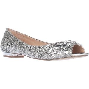 Jewel Badgley Mischka Silver Claire Peep-toe Flat
